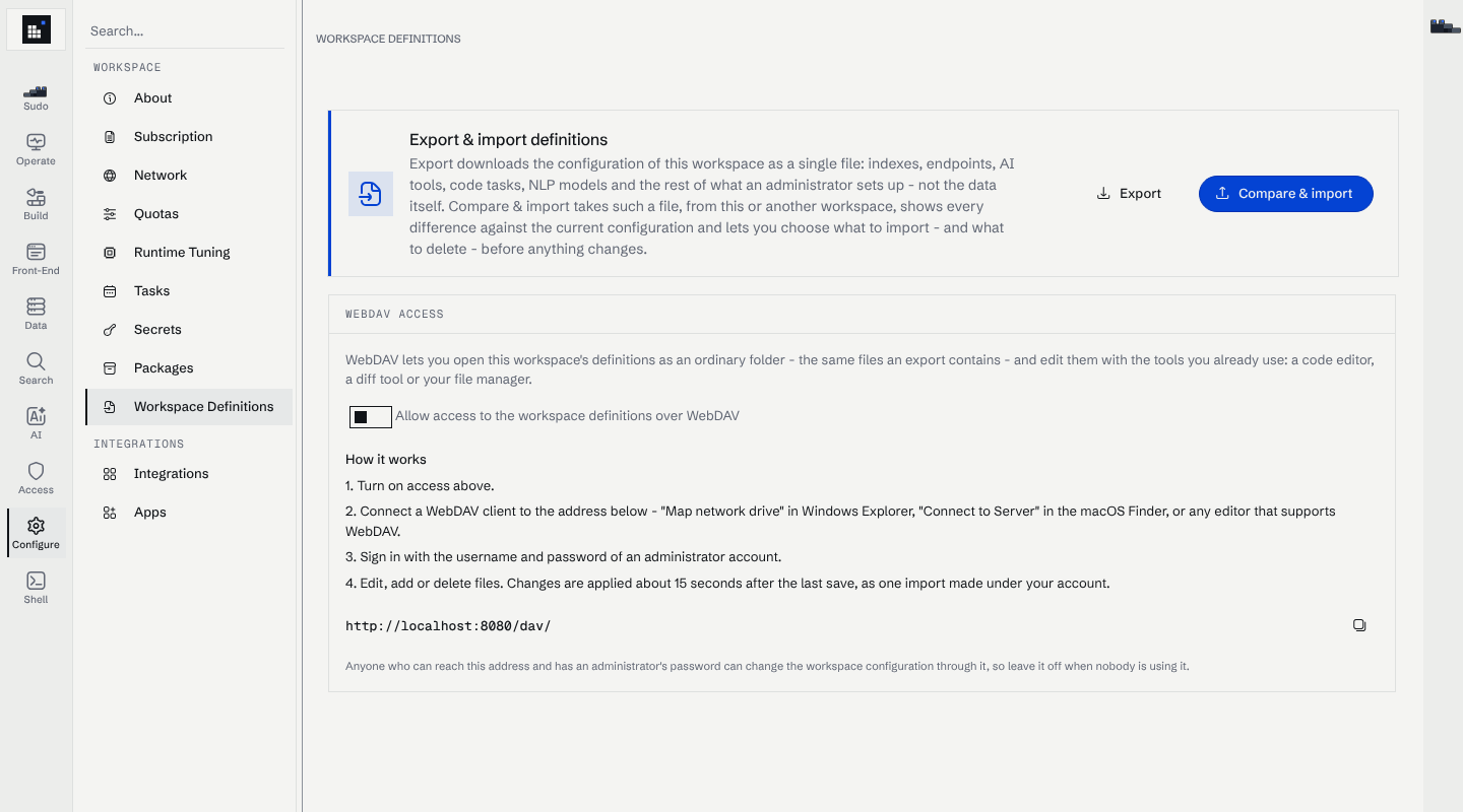The Workspace Definitions page with the Export and Compare & import buttons and the WebDAV access section
