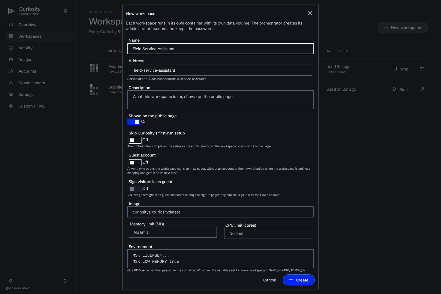 The New workspace form with name, address, description, guest account options, image, limits and environment