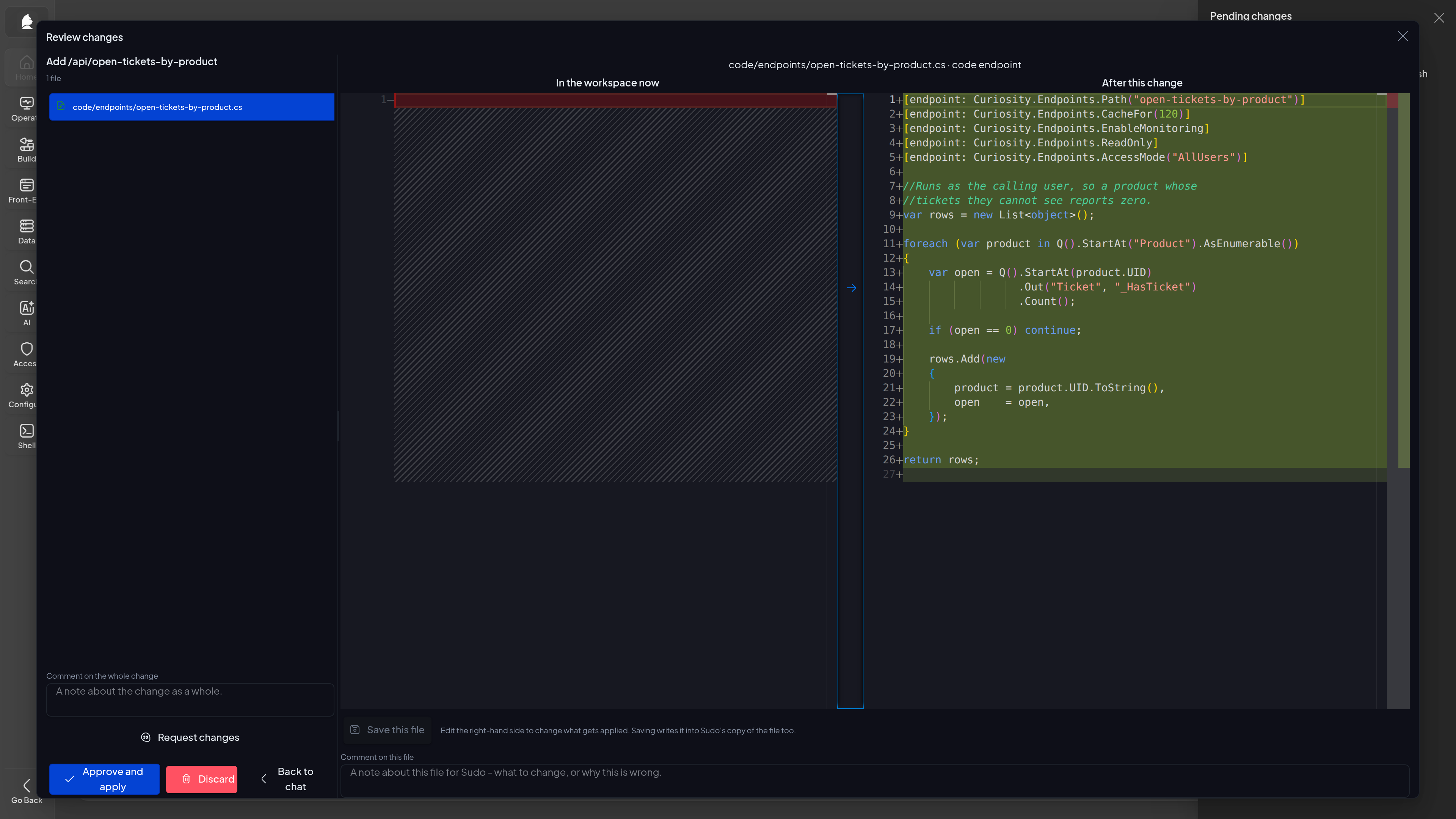 Reviewing a staged commit that adds a code endpoint