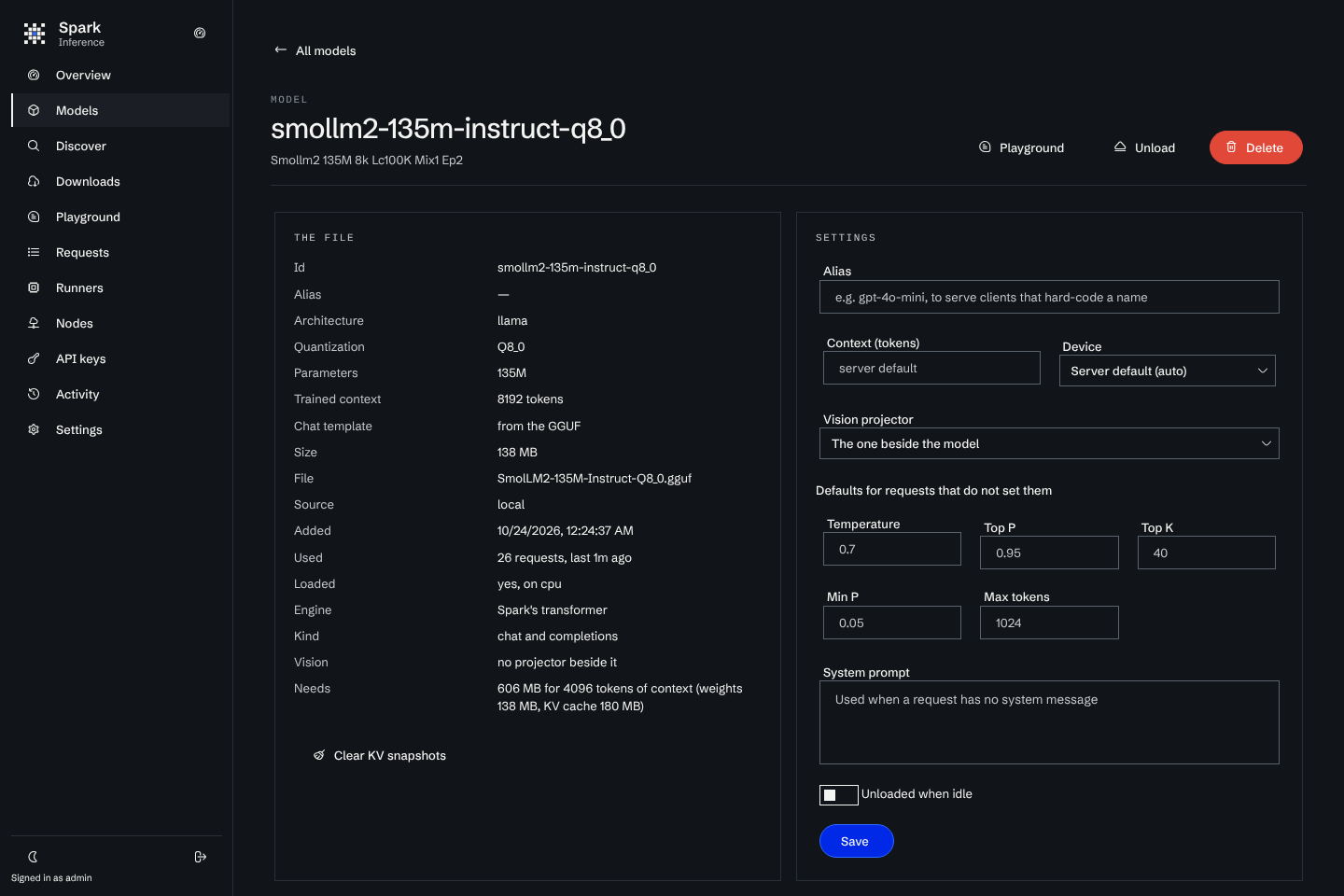 A model page: the file details on the left and the settings on the right