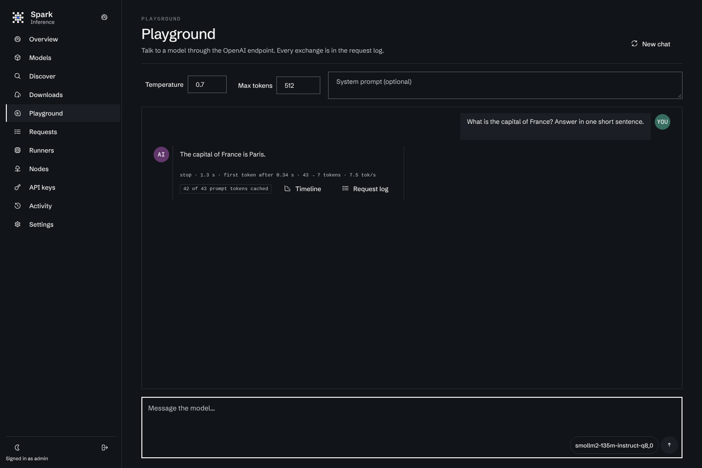 The playground after one exchange, with tokens, speed and the share of the prompt served from the cache