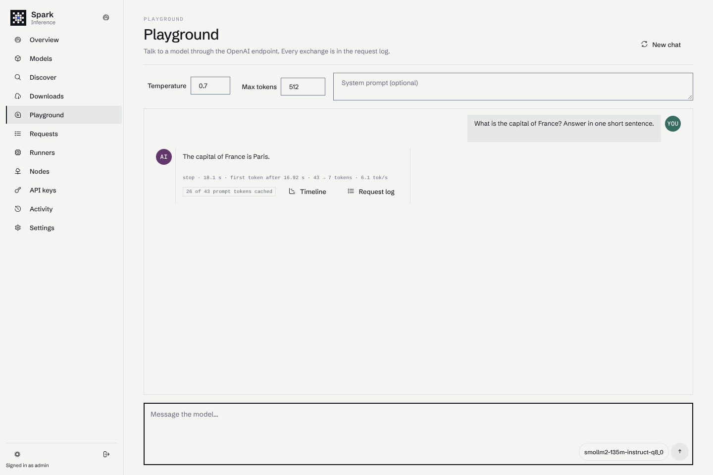 The playground after one exchange, with tokens, speed and the share of the prompt served from the cache