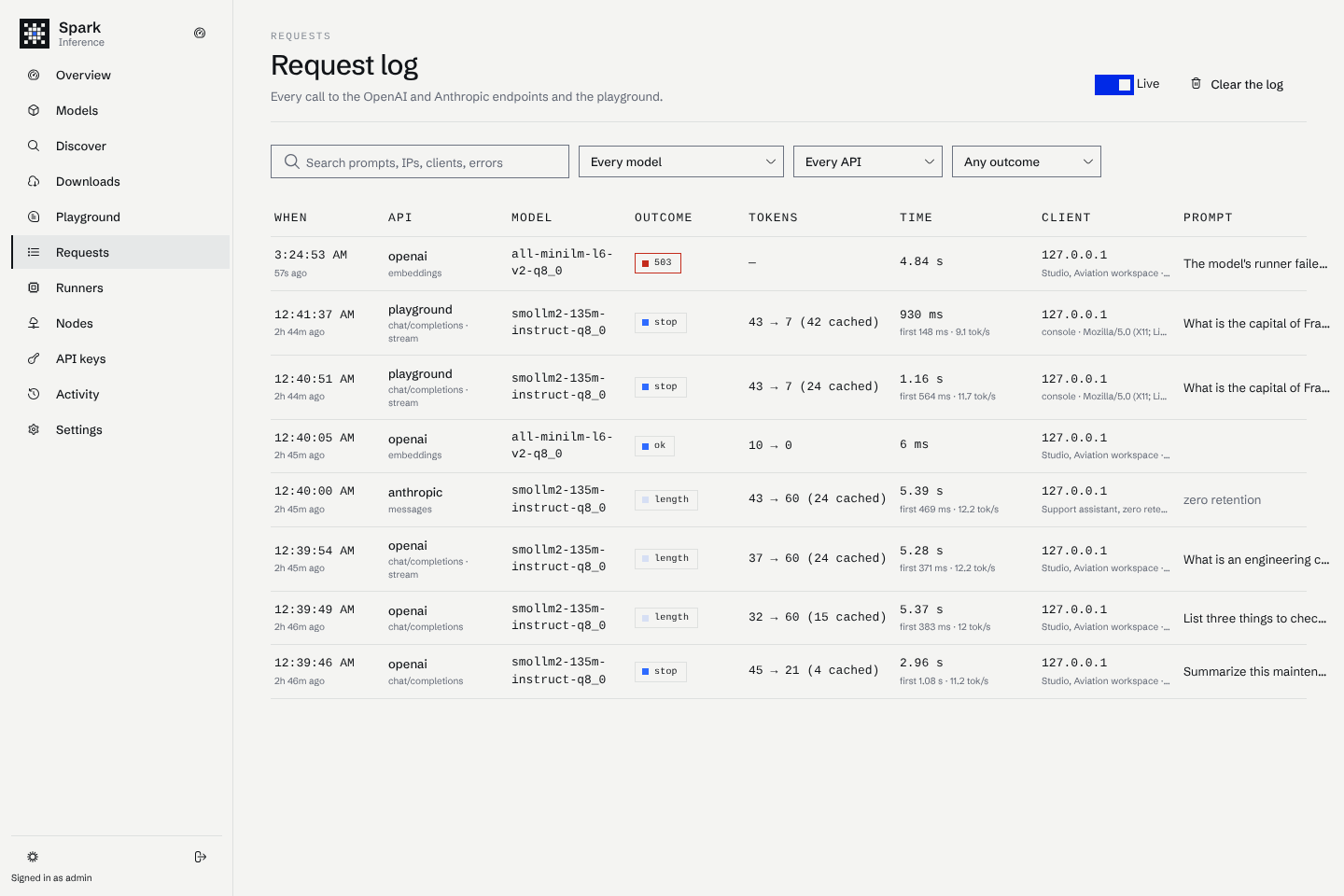 The request log with OpenAI, Anthropic and embeddings requests, their tokens, timings and clients