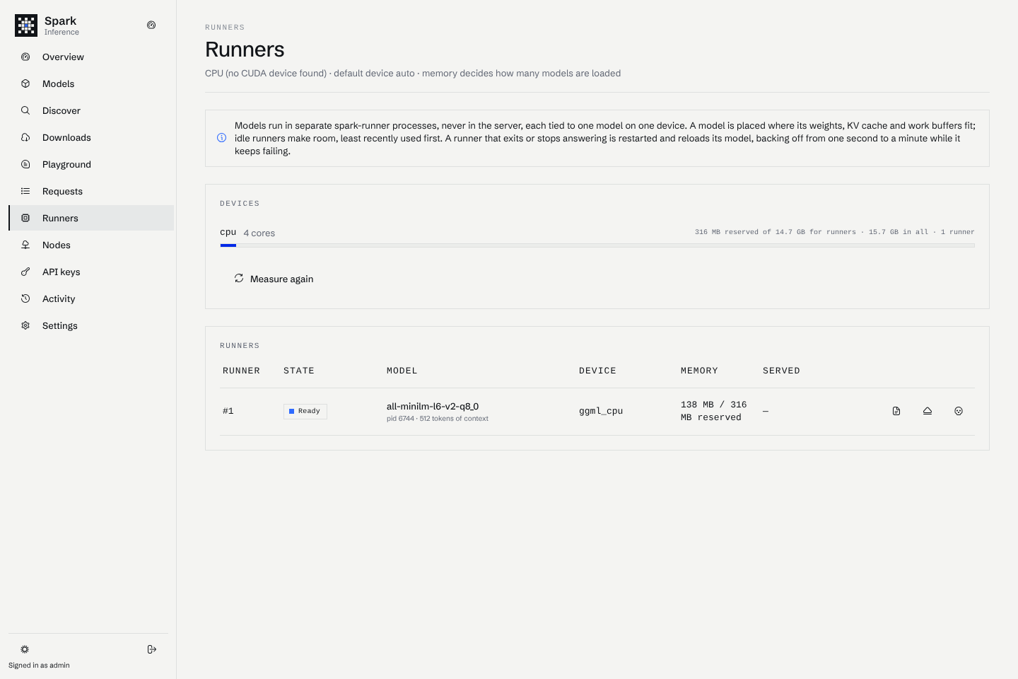 The Runners page with the CPU device and two ready runners