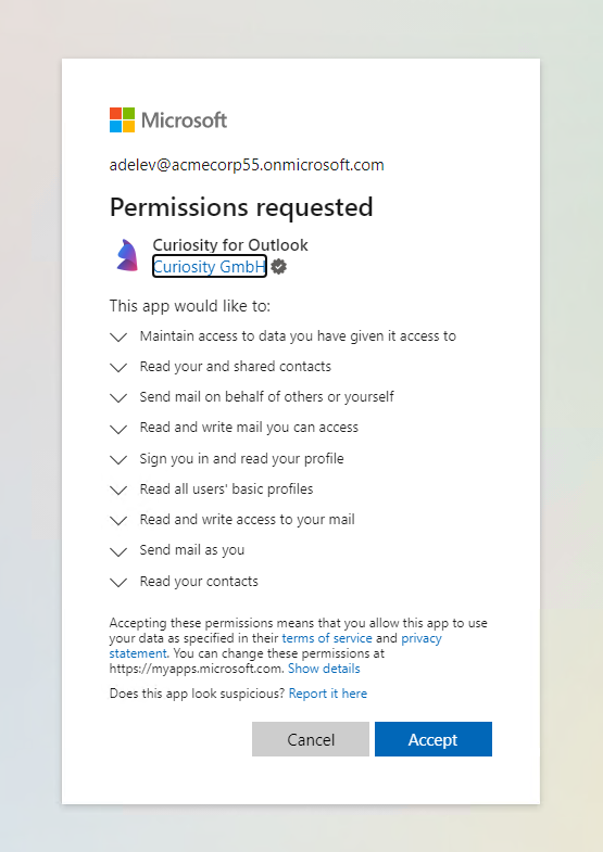 The consent prompt a user should see
