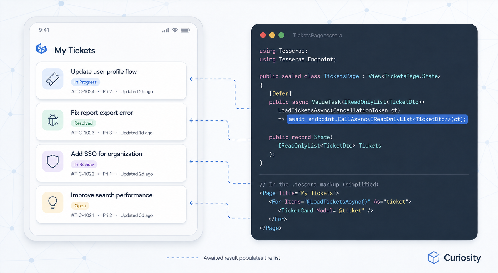 Two-column slide showing C# code snippet and rendered UI with ticket cards and connectors.