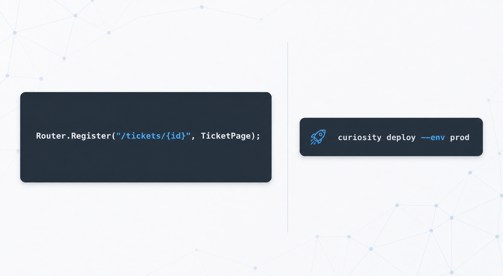 Two-column slide with code snippet and CLI command on a light background