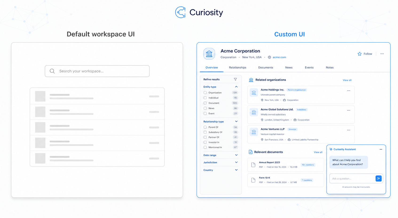 Wireframe comparison of default workspace UI and custom UI layout on a light background.